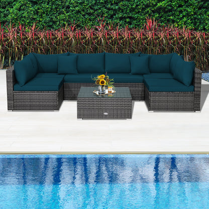 7 Pieces Patio Rattan Furniture Set with Sectional Sofa Cushioned, Green Outdoor Sectionals at Gallery Canada