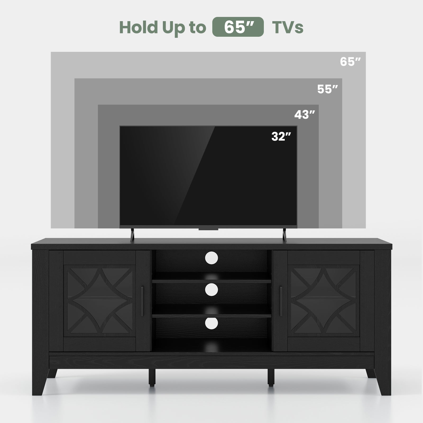 Farmhouse TV Stand for TVs Up to 65 Inches 4 Adjustable Shelves, Black Entertainment Centers & TV Stands at Gallery Canada