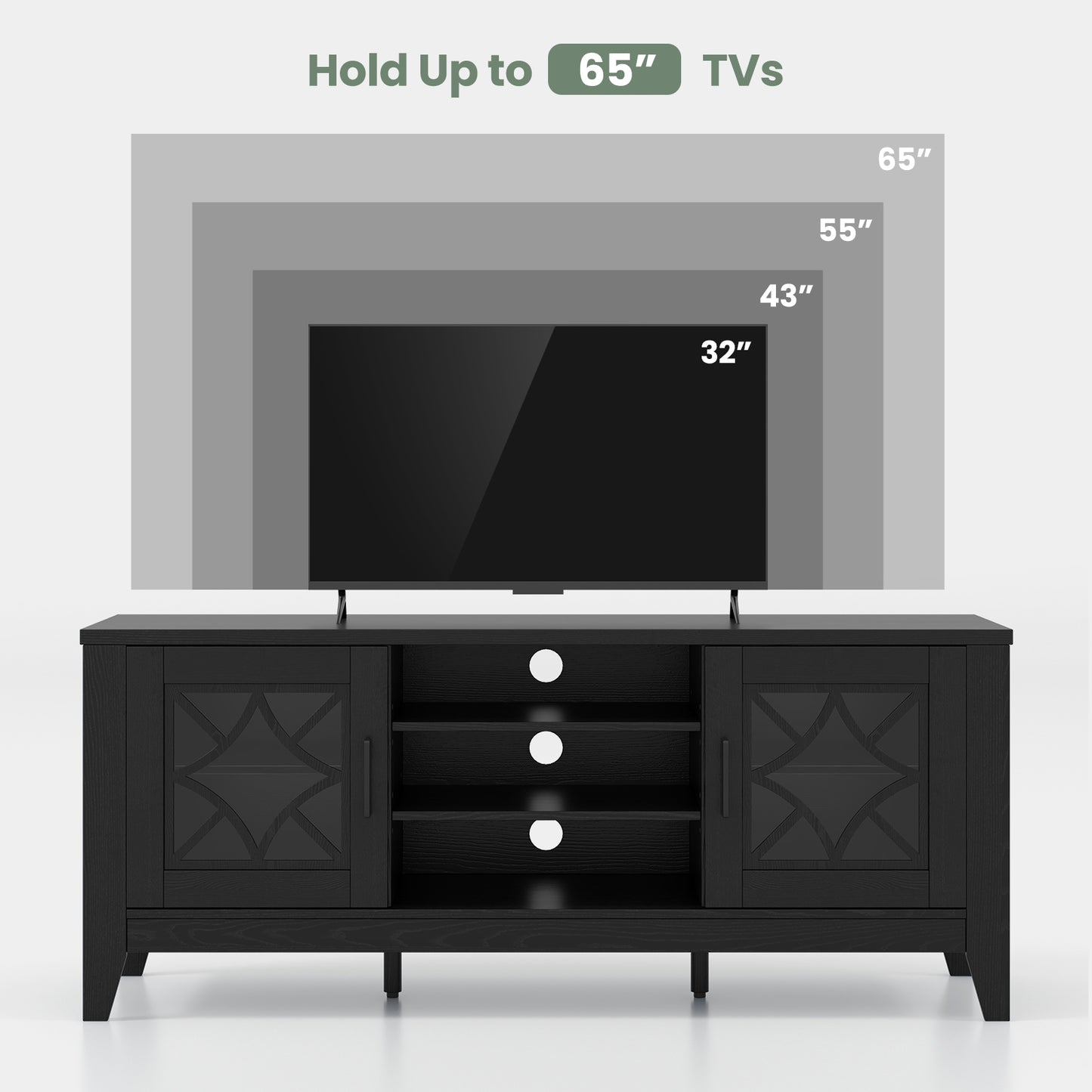 Farmhouse TV Stand for TVs Up to 65 Inches 4 Adjustable Shelves, Black Entertainment Centers & TV Stands at Gallery Canada