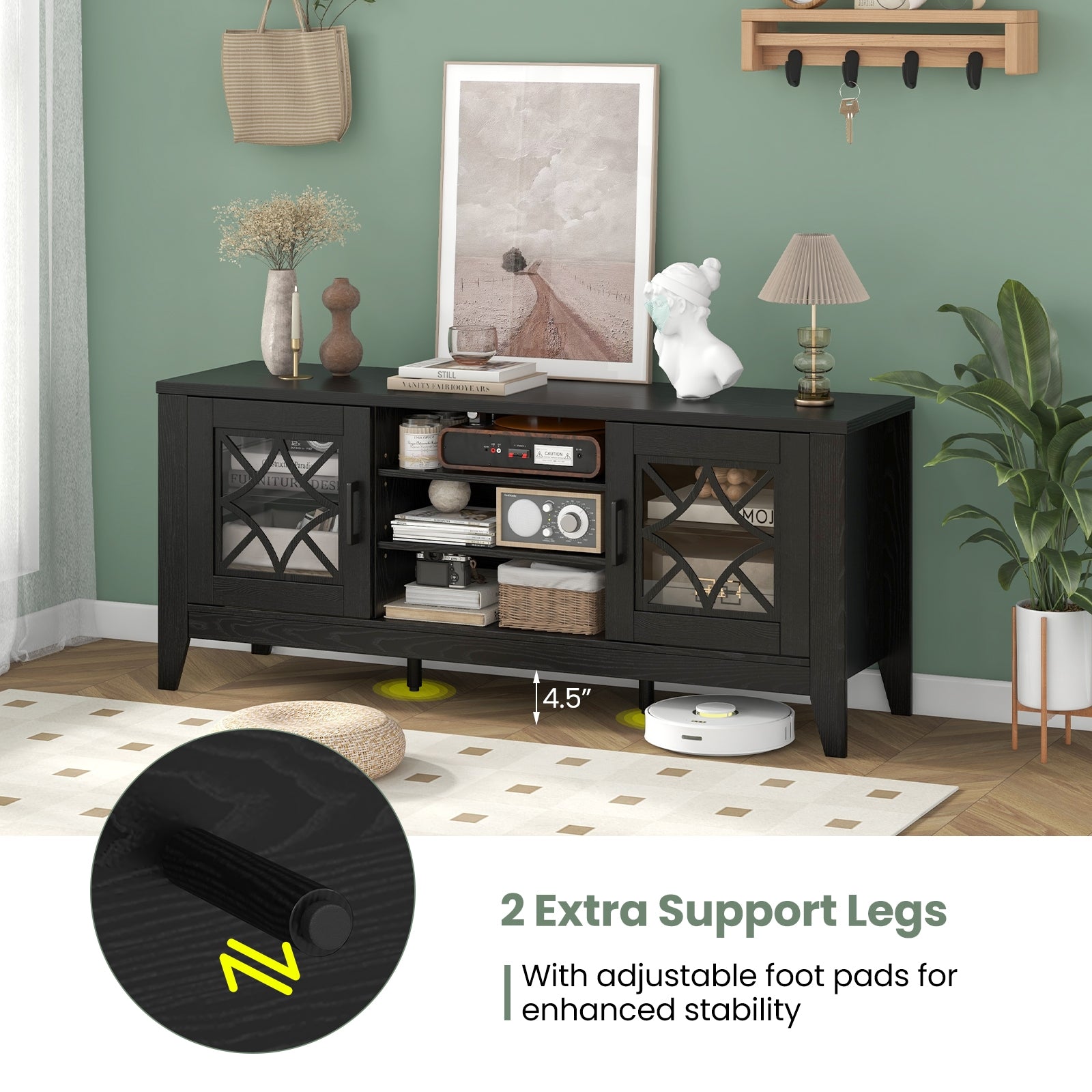 Farmhouse TV Stand for TVs Up to 65 Inches 4 Adjustable Shelves, Black Entertainment Centers & TV Stands at Gallery Canada