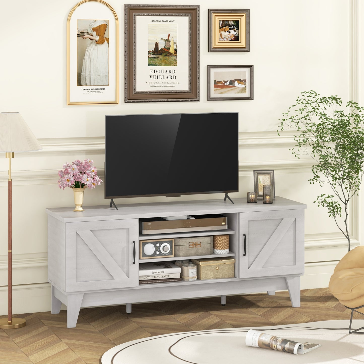 Farmhouse TV Stand for TVs Up to 65 Inches with 2 Barn Door Cabinets, Gray Entertainment Centers & TV Stands at Gallery Canada