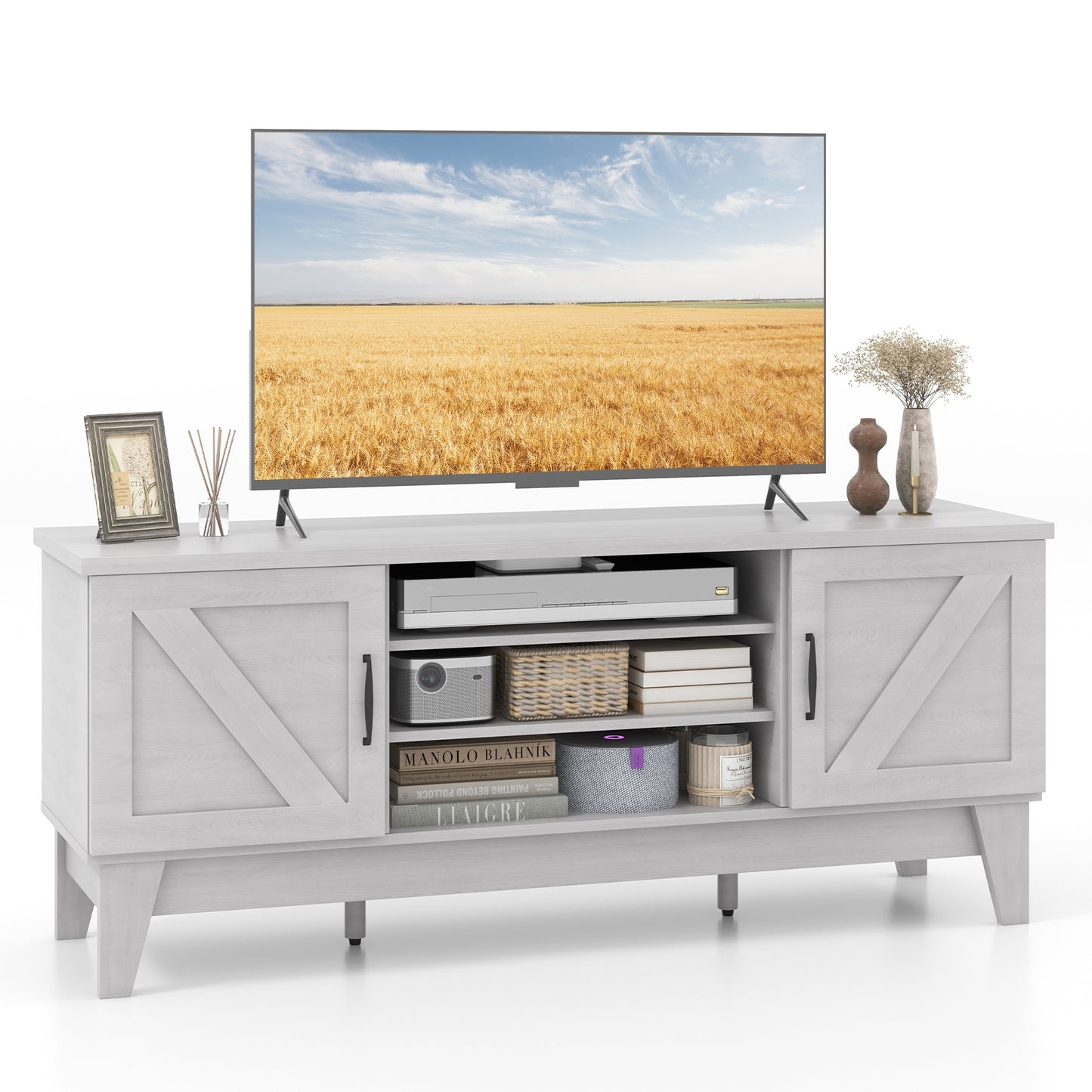 Farmhouse TV Stand for TVs Up to 65 Inches with 2 Barn Door Cabinets, Gray Entertainment Centers & TV Stands at Gallery Canada