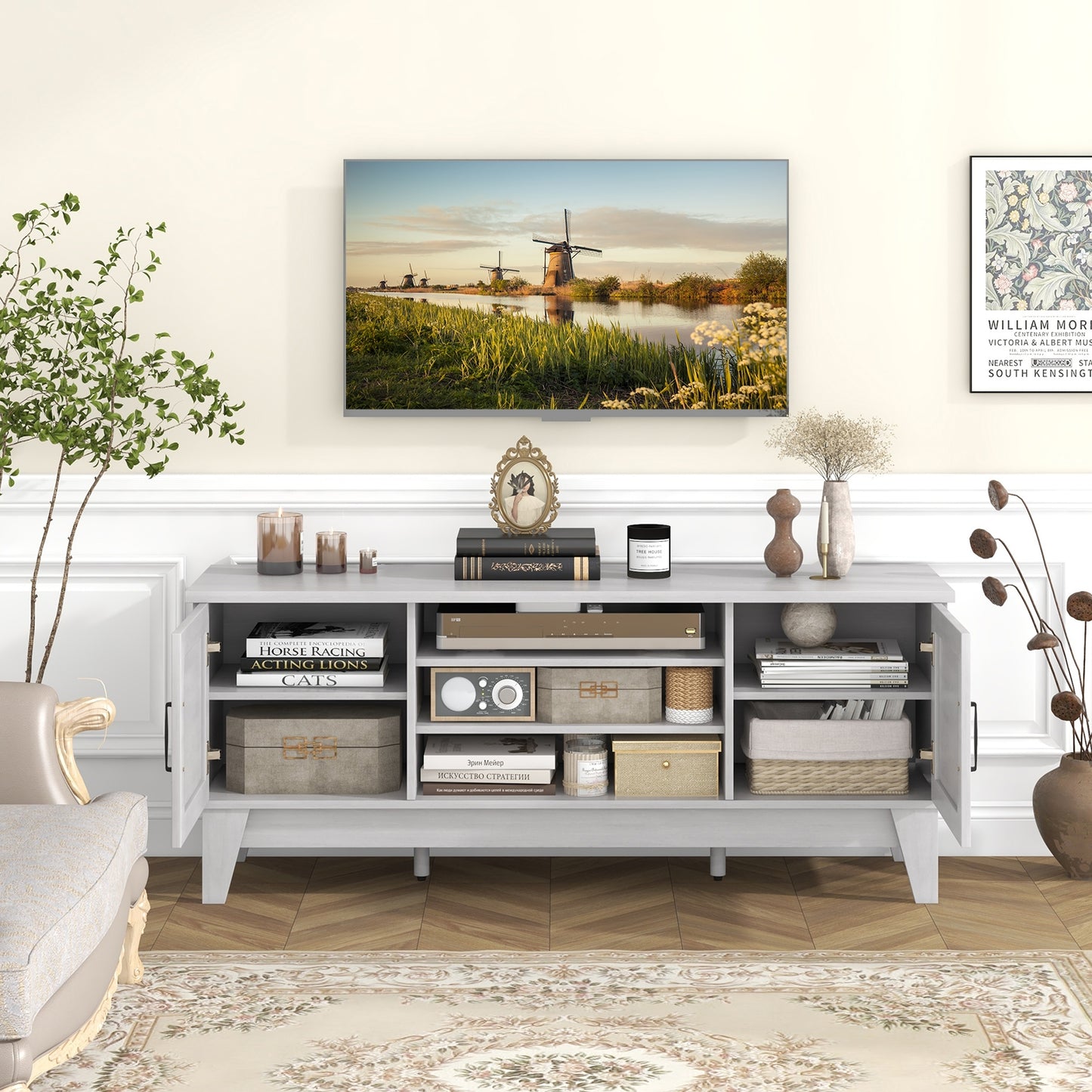 Farmhouse TV Stand for TVs Up to 65 Inches with 2 Barn Door Cabinets, Gray Entertainment Centers & TV Stands at Gallery Canada