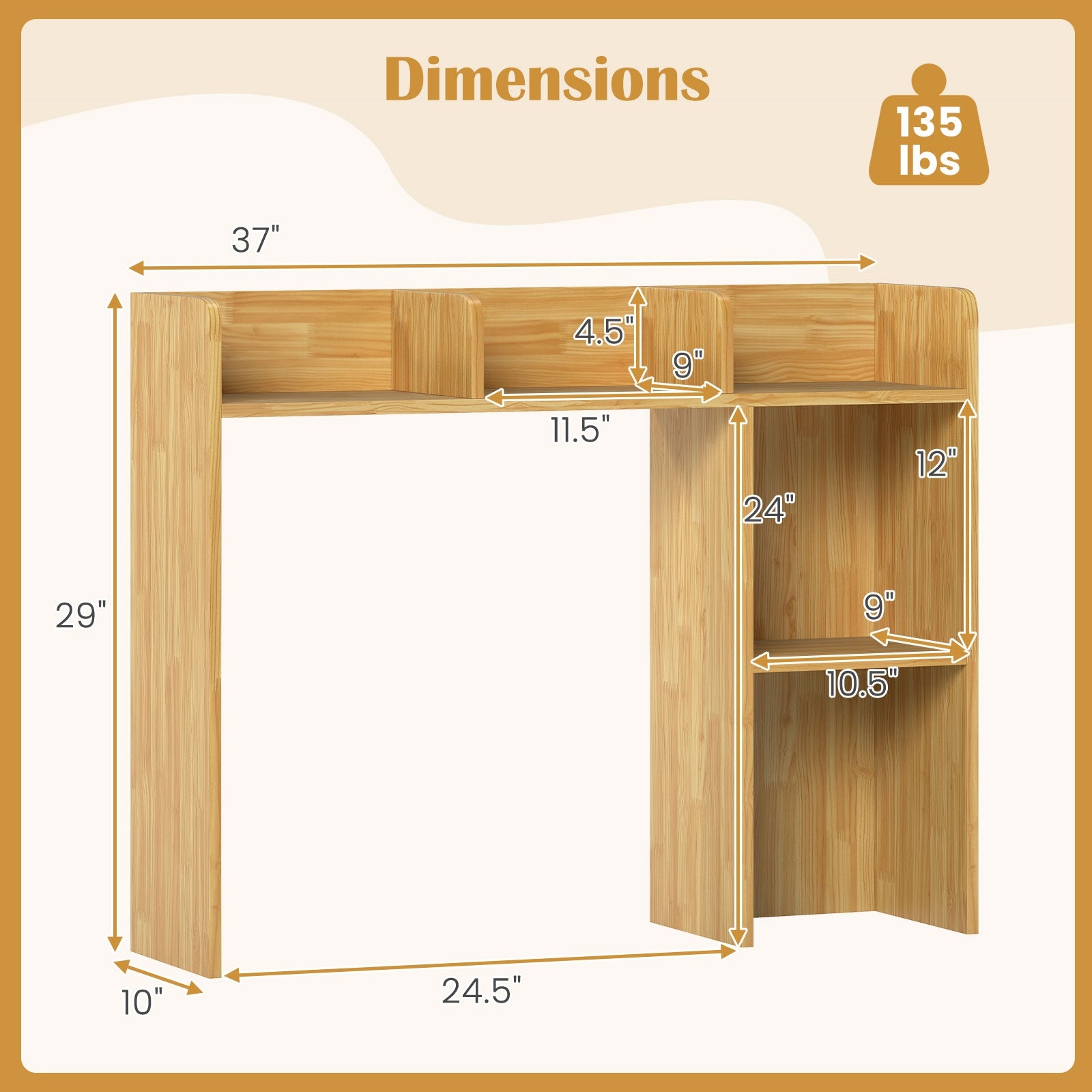 3-Tier Multipurpose Desk Bookshelf with 4 Shelves, Beige Bookcases at Gallery Canada