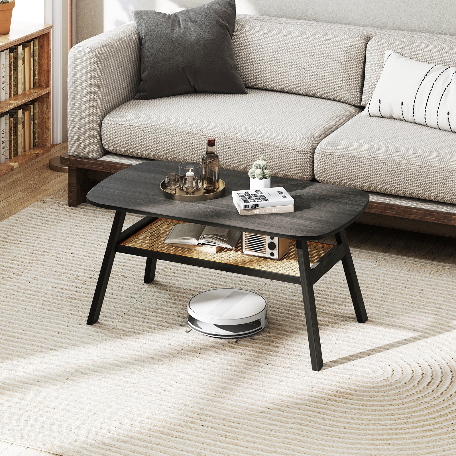 2-Tier Rectangular Center Coffee Table with Rattan Storage Shelf and Rubber Wood Legs, Dark Gray Coffee Tables at Gallery Canada