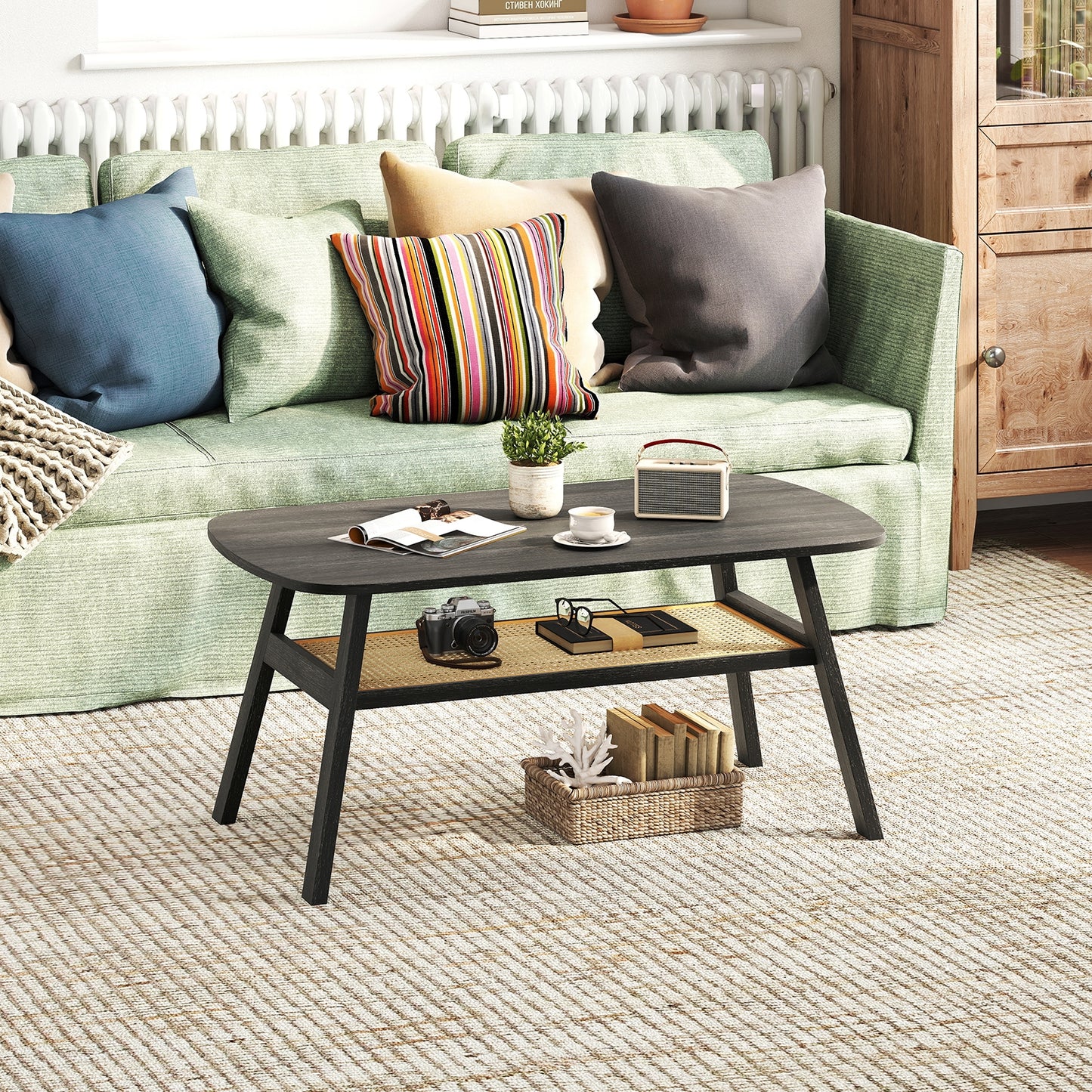 2-Tier Rectangular Center Coffee Table with Rattan Storage Shelf and Rubber Wood Legs, Dark Gray Coffee Tables at Gallery Canada