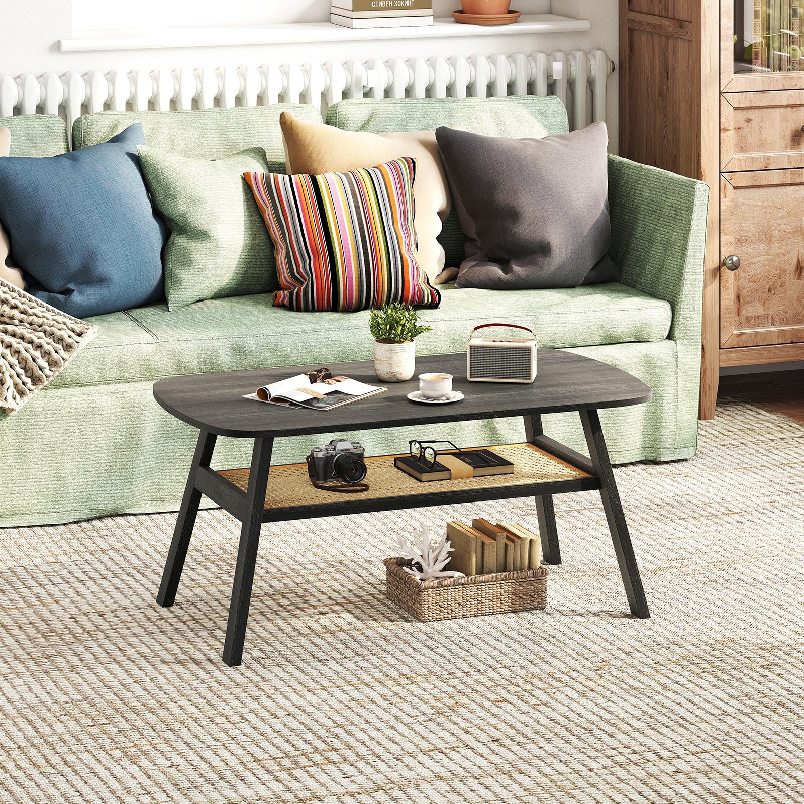 2-Tier Rectangular Center Coffee Table with Rattan Storage Shelf and Rubber Wood Legs, Dark Gray Coffee Tables at Gallery Canada