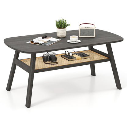 2-Tier Rectangular Coffee Table, Rattan Storage Shelf, Rubber Wood Legs, Dark Gray Coffee Tables Dark Gray at Gallery Canada