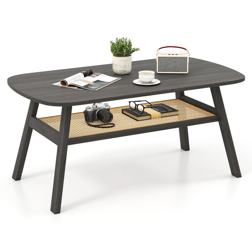 2-Tier Rectangular Coffee Table, Rattan Storage Shelf, Rubber Wood Legs, Dark Gray