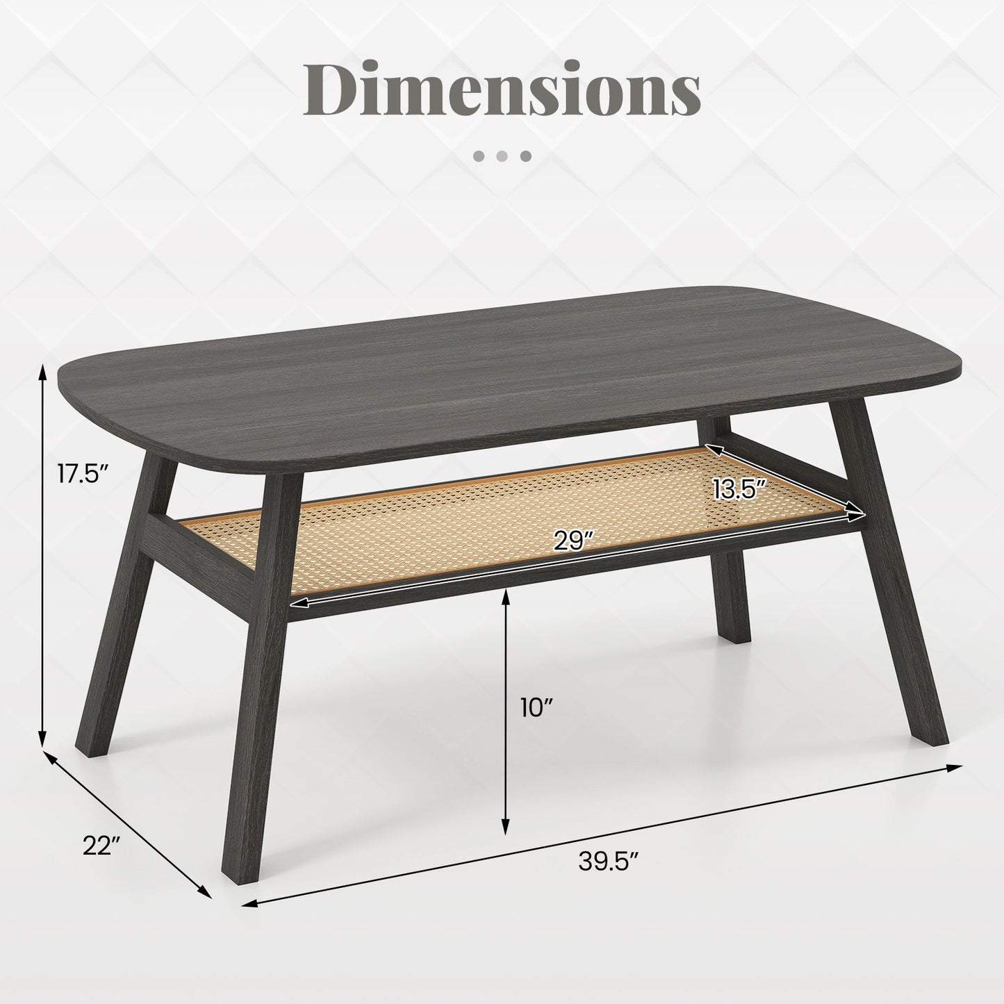 2-Tier Rectangular Center Coffee Table with Rattan Storage Shelf and Rubber Wood Legs, Dark Gray Coffee Tables at Gallery Canada