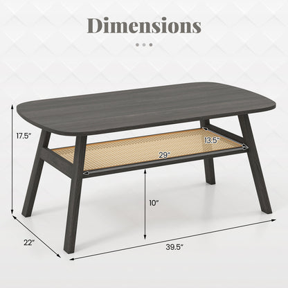 2-Tier Rectangular Center Coffee Table with Rattan Storage Shelf and Rubber Wood Legs, Dark Gray Coffee Tables at Gallery Canada