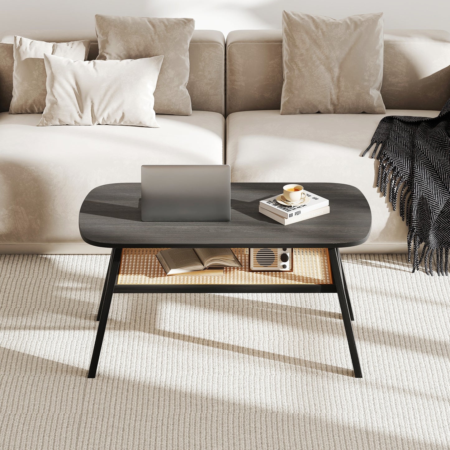 2-Tier Rectangular Center Coffee Table with Rattan Storage Shelf and Rubber Wood Legs, Dark Gray Coffee Tables at Gallery Canada