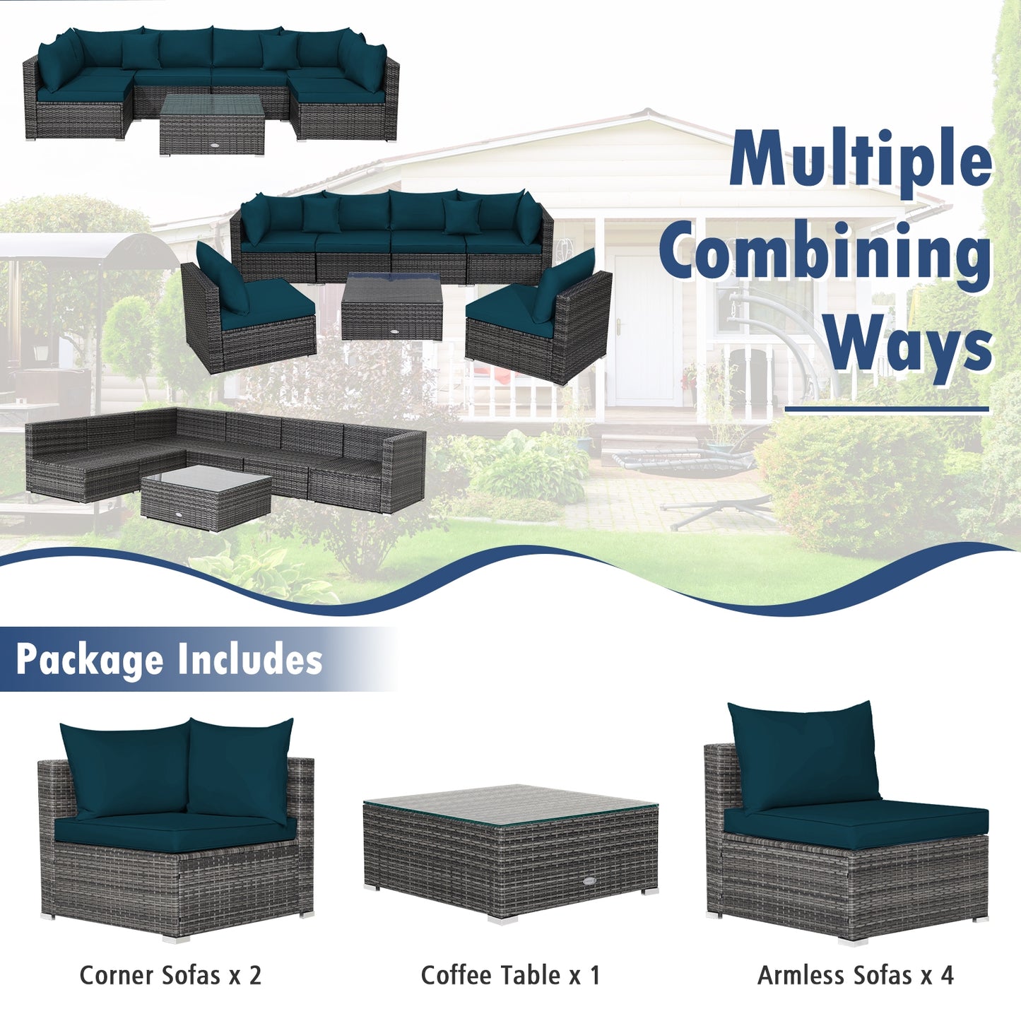 7 Pieces Patio Rattan Furniture Set with Sectional Sofa Cushioned, Green Outdoor Sectionals at Gallery Canada