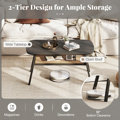 2-Tier Rectangular Center Coffee Table with Rattan Storage Shelf and Rubber Wood Legs, Dark Gray Coffee Tables at Gallery Canada