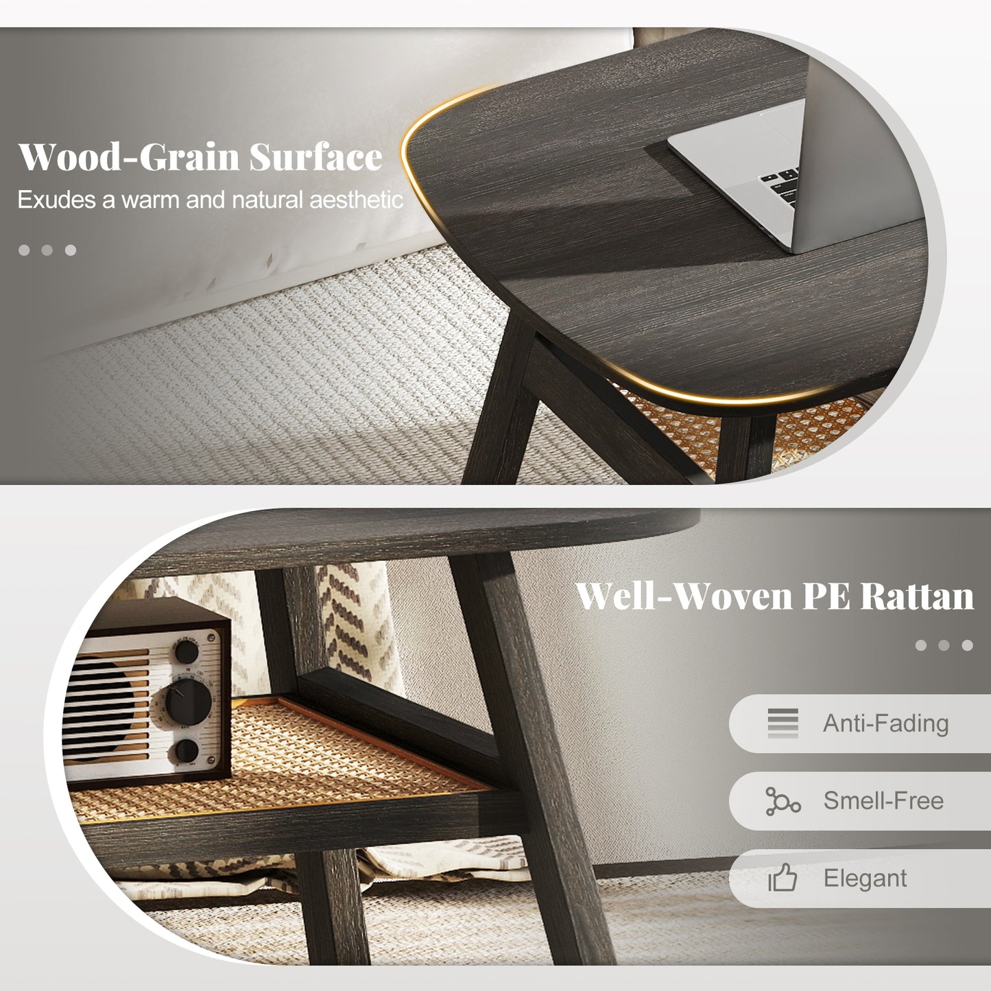 2-Tier Rectangular Center Coffee Table with Rattan Storage Shelf and Rubber Wood Legs, Dark Gray Coffee Tables at Gallery Canada