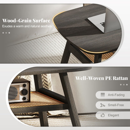 2-Tier Rectangular Center Coffee Table with Rattan Storage Shelf and Rubber Wood Legs, Dark Gray Coffee Tables at Gallery Canada