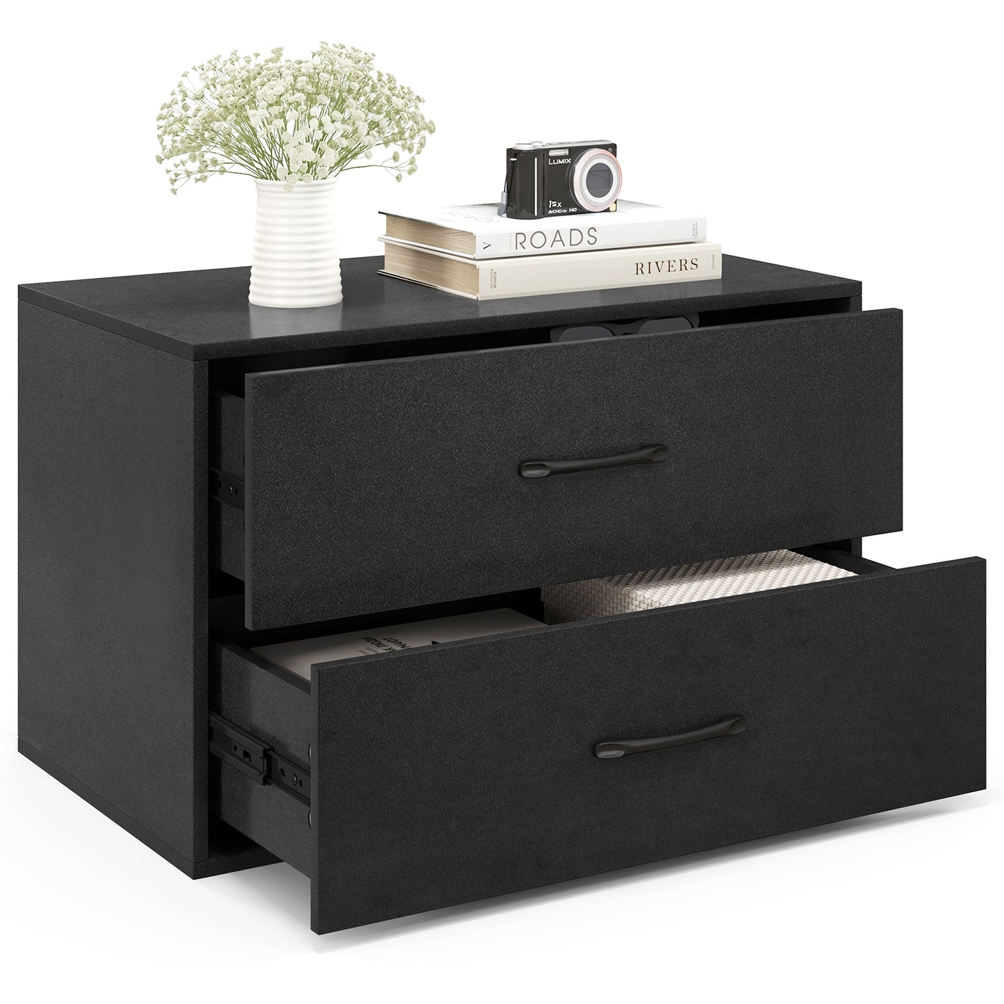 Armoire de rangement horizontale empilable à 2 tiroirs, Noir
