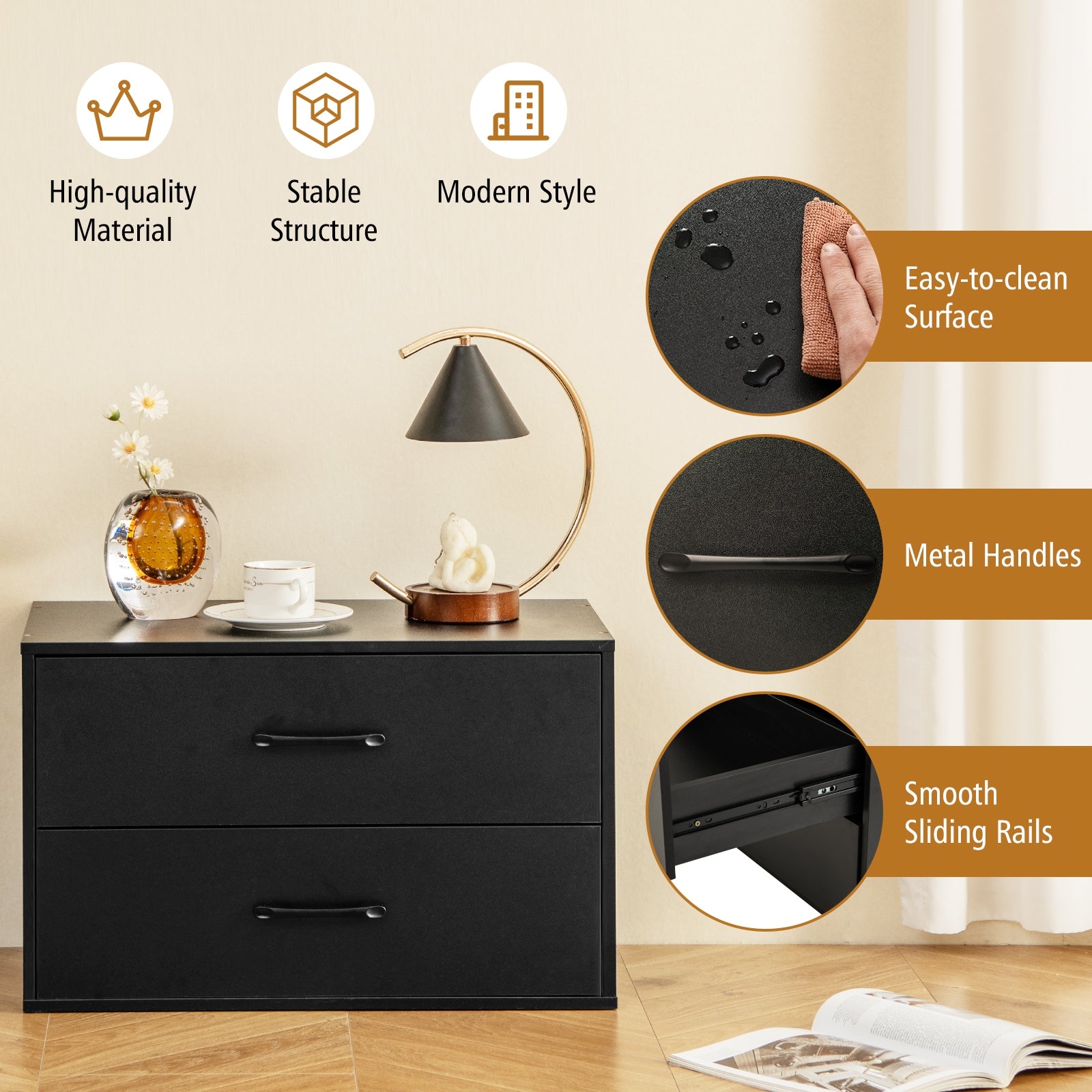 2-Drawer Stackable Horizontal Storage Cabinet Dresser Chest with Handles, Black Cabinets & Chests at Gallery Canada