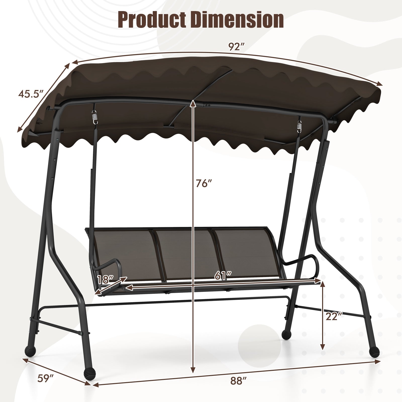 3-Seat Outdoor Porch Canopy Swing with Adjustable Shading, Brown Porch Swings at Gallery Canada