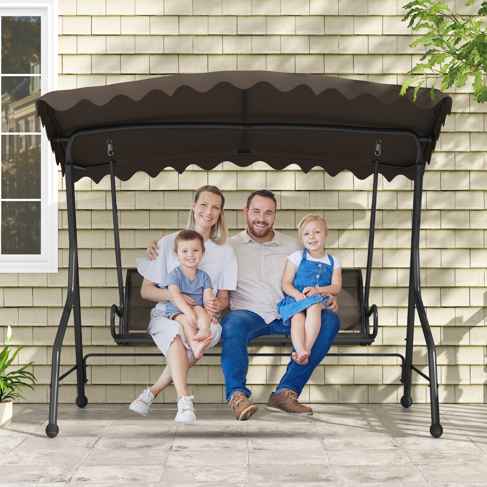 3-Seat Outdoor Porch Canopy Swing with Adjustable Shading, Brown Porch Swings at Gallery Canada