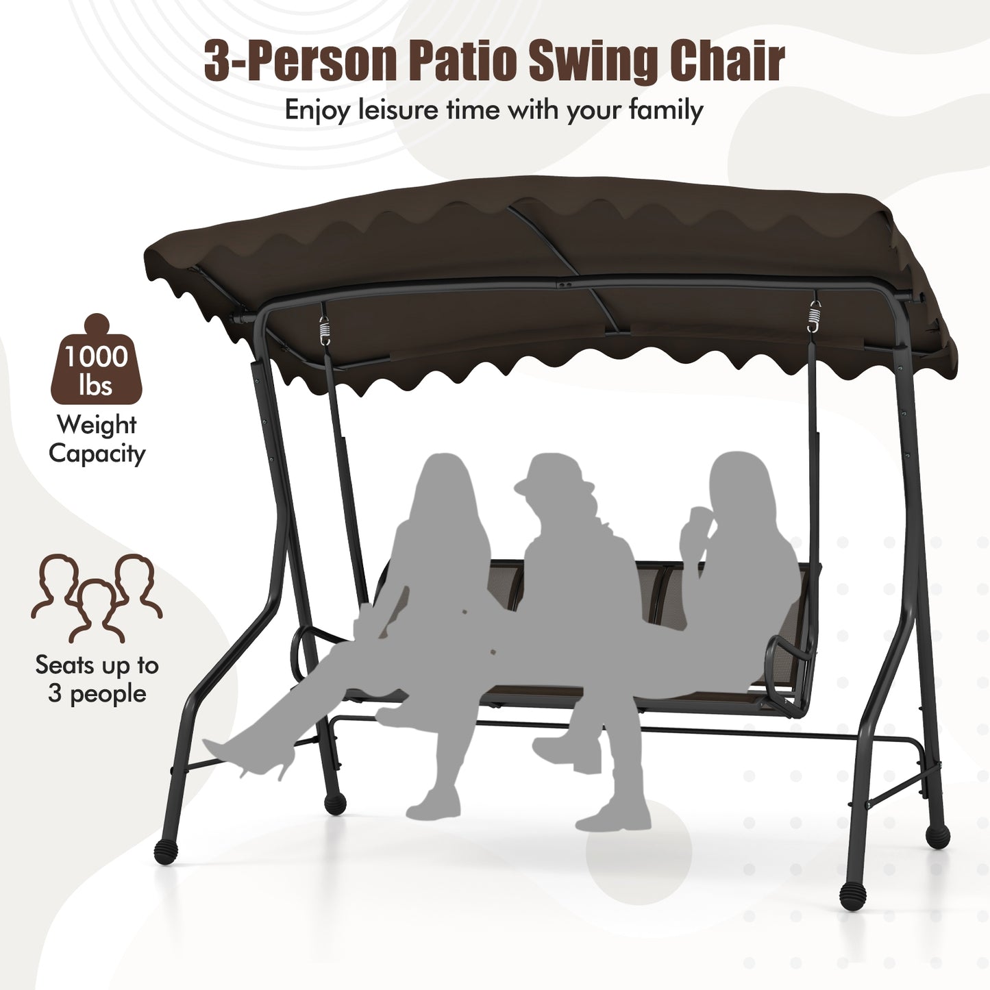 3-Seat Outdoor Porch Canopy Swing with Adjustable Shading, Brown Porch Swings at Gallery Canada