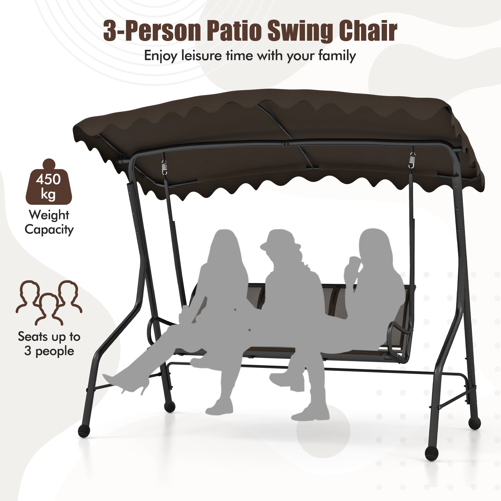 3-Seat Outdoor Porch Canopy Swing with Adjustable Shading, Brown Porch Swings at Gallery Canada