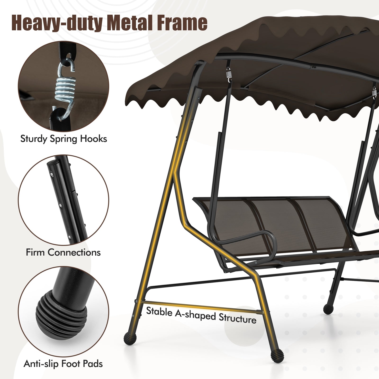 3-Seat Outdoor Porch Canopy Swing with Adjustable Shading, Brown Porch Swings at Gallery Canada