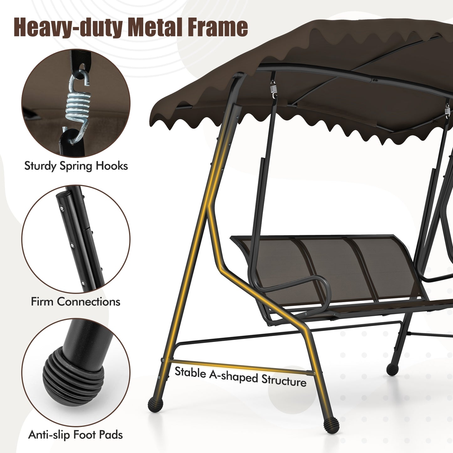 3-Seat Outdoor Porch Canopy Swing with Adjustable Shading, Brown Porch Swings at Gallery Canada