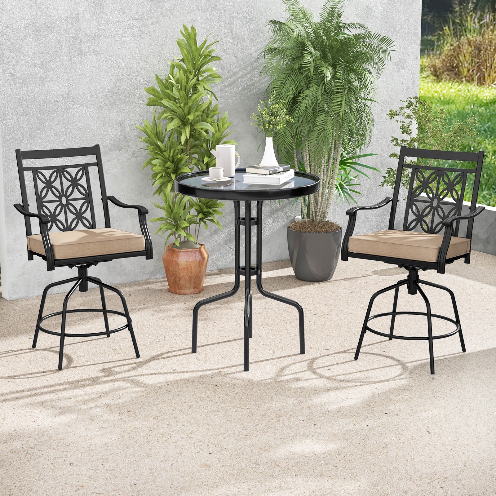 Outdoor Swivel Bar Stools Set of 2 with Seat Cushions, Brown Bar Stools at Gallery Canada
