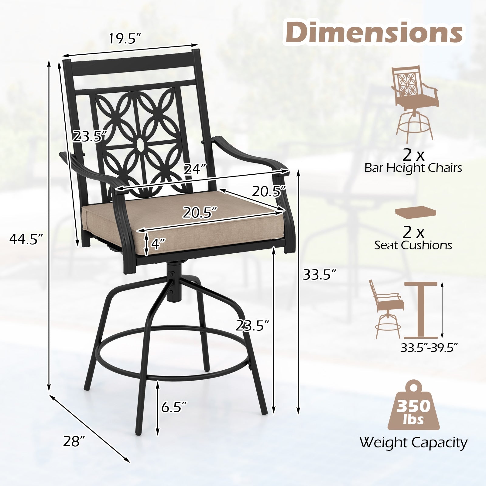Outdoor Swivel Bar Stools Set of 2 with Seat Cushions, Brown Bar Stools at Gallery Canada