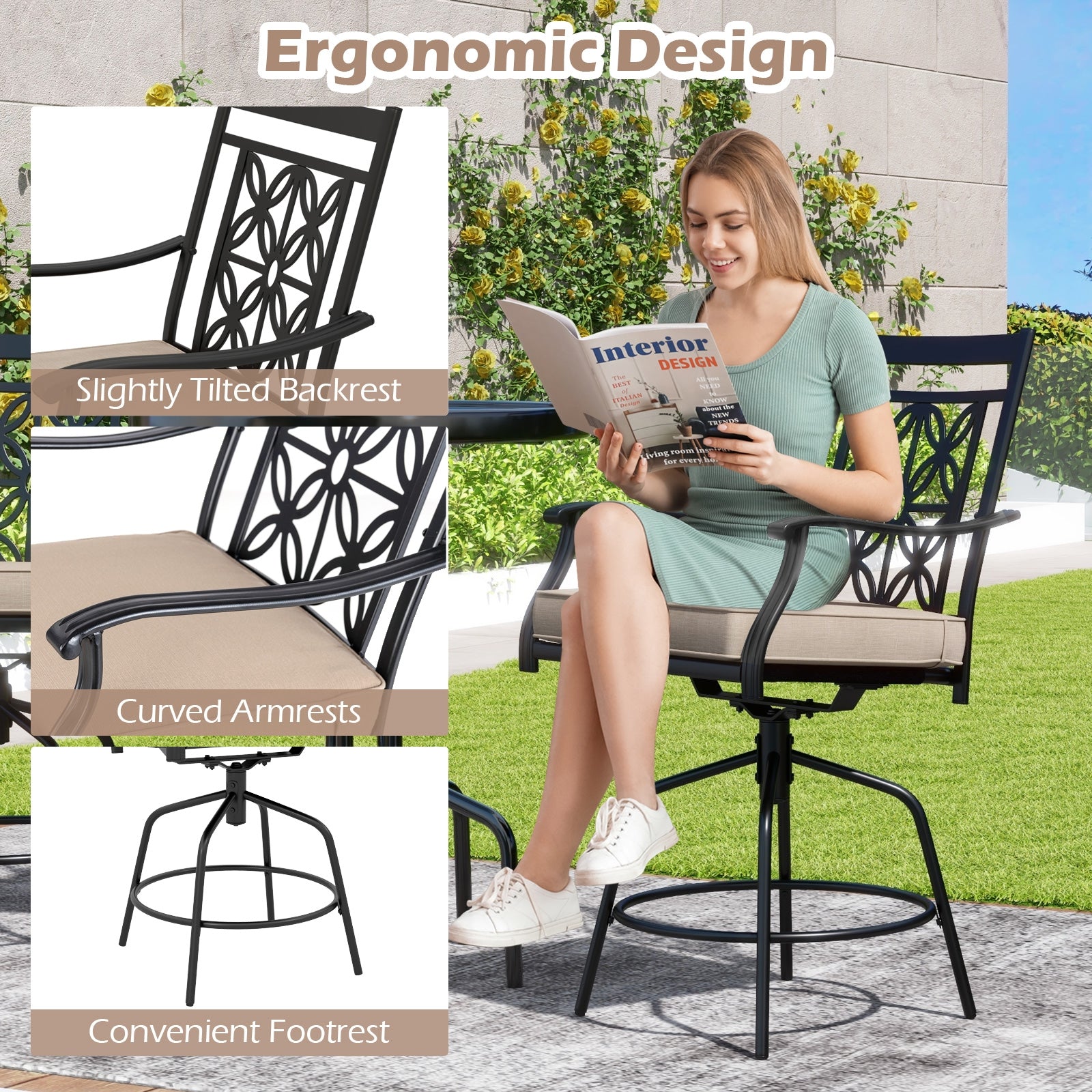 Outdoor Swivel Bar Stools Set of 2 with Seat Cushions, Brown Bar Stools at Gallery Canada