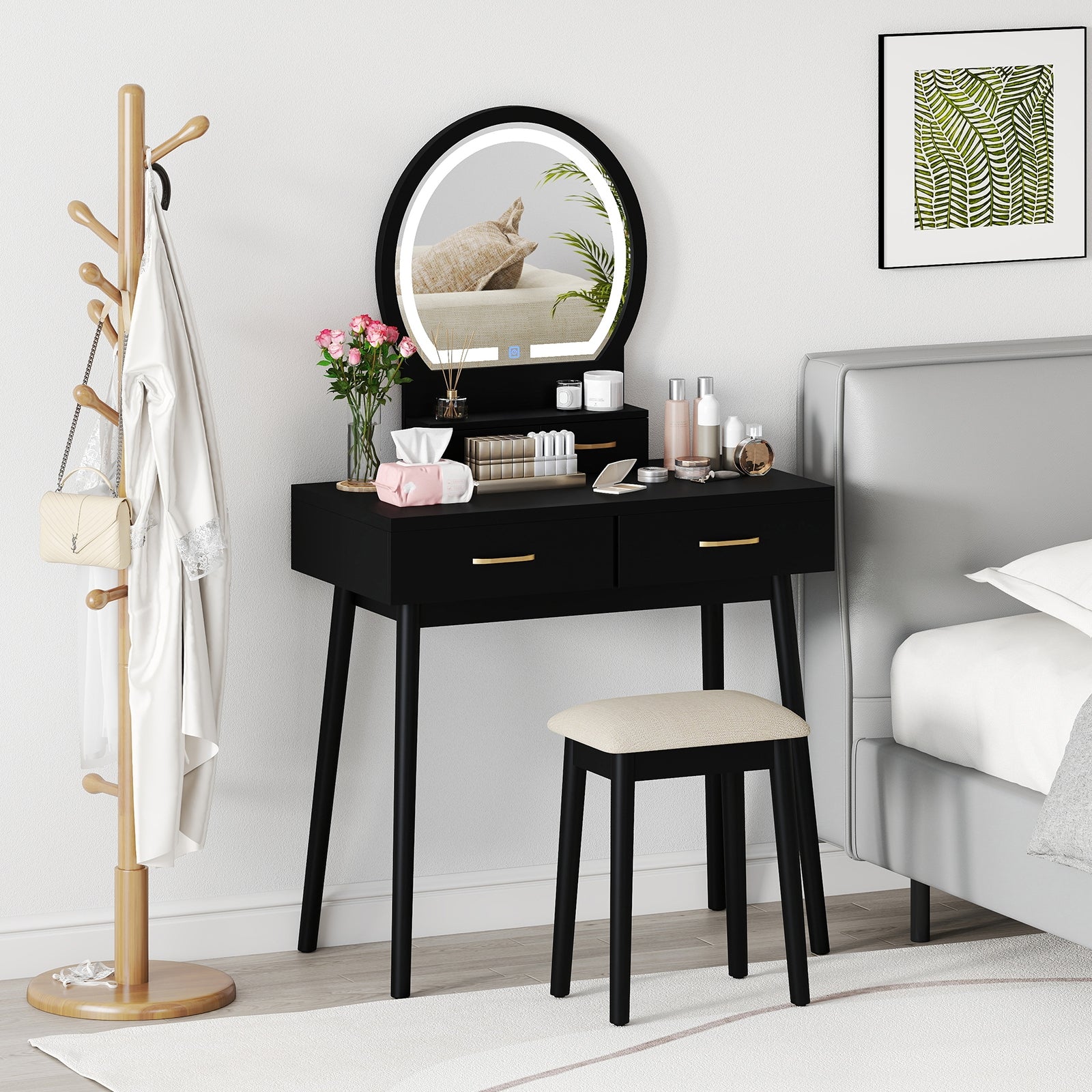 Small Vanity Makeup Dressing Table Set with Cushioned Stool and LED Lighted Mirror, Black Makeup Vanities at Gallery Canada