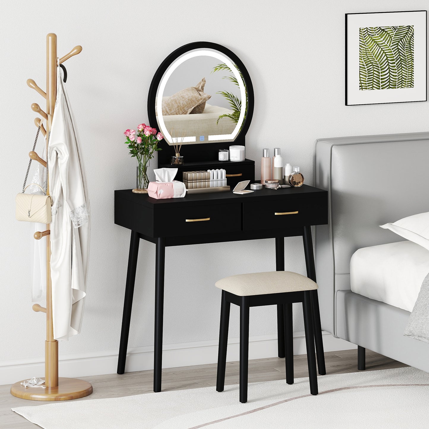 Small Vanity Makeup Dressing Table Set with Cushioned Stool and LED Lighted Mirror, Black Makeup Vanities at Gallery Canada