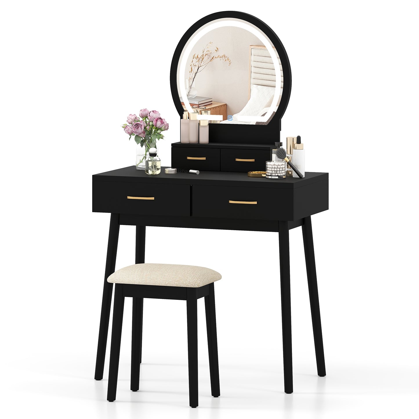 Small Vanity Makeup Dressing Table Set with Cushioned Stool and LED Lighted Mirror, Black Makeup Vanities at Gallery Canada