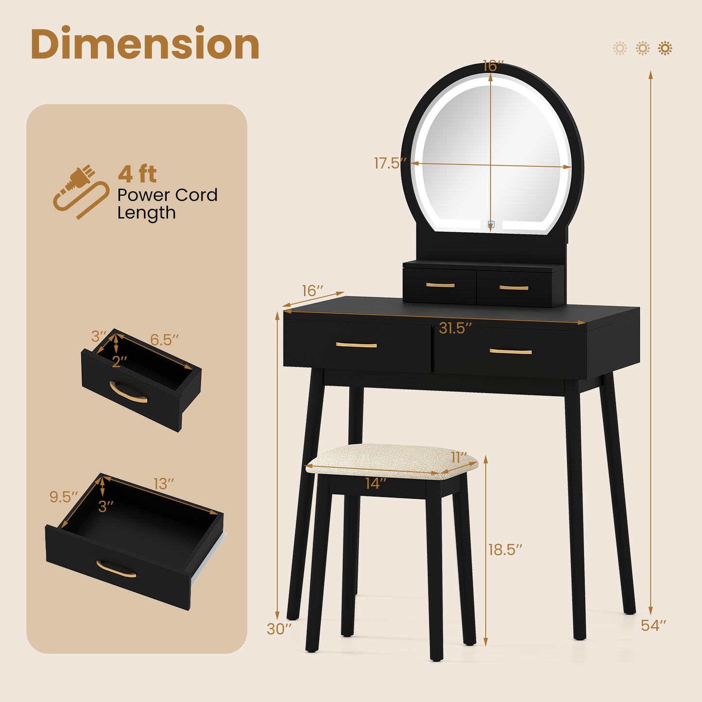 Small Vanity Makeup Dressing Table Set with Cushioned Stool and LED Lighted Mirror, Black Makeup Vanities at Gallery Canada