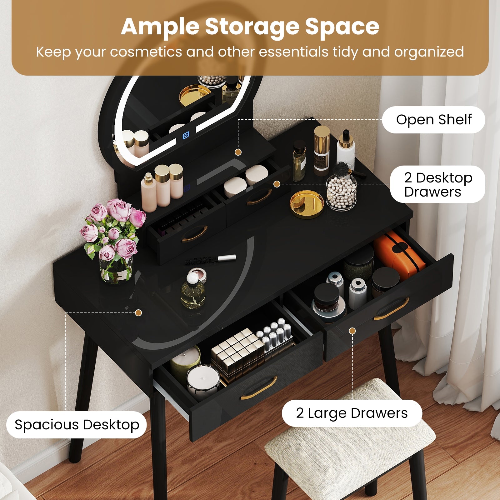 Small Vanity Makeup Dressing Table Set with Cushioned Stool and LED Lighted Mirror, Black Makeup Vanities at Gallery Canada