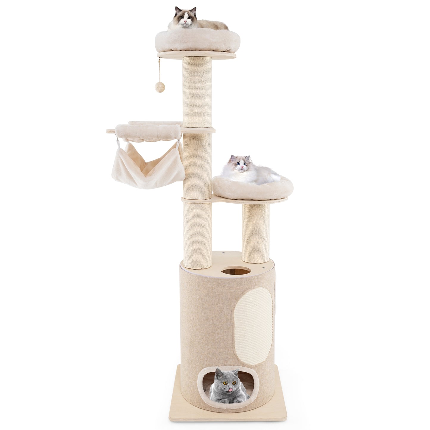 74 Inches Tall Wooden Cat Tower Tree with 2-Story Cat Condo and Washable Cushions, Natural Cat Trees Condos & Scratchers Natural at Gallery Canada