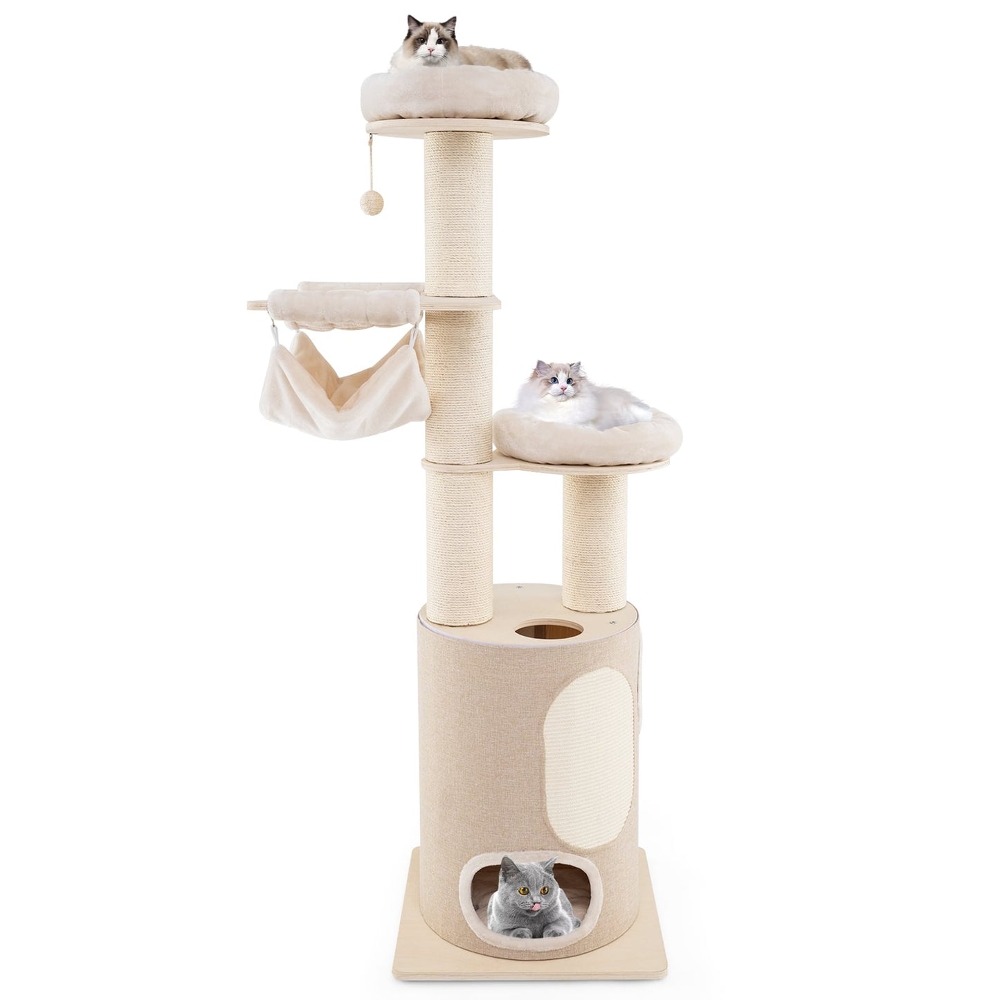 Tour à Chat en Bois de 74 Pouces de Hauteur, Condo à Chat à 2 Étages, Coussinets Lavables, Naturel