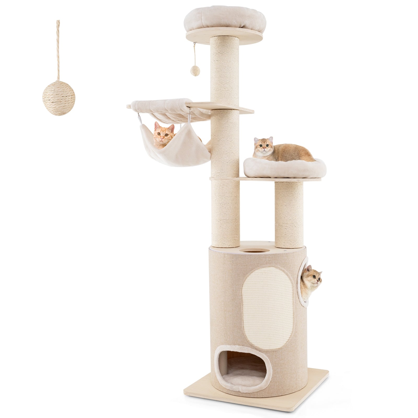 74 Inches Tall Wooden Cat Tower Tree with 2-Story Cat Condo and Washable Cushions, Natural Cat Trees Condos & Scratchers at Gallery Canada