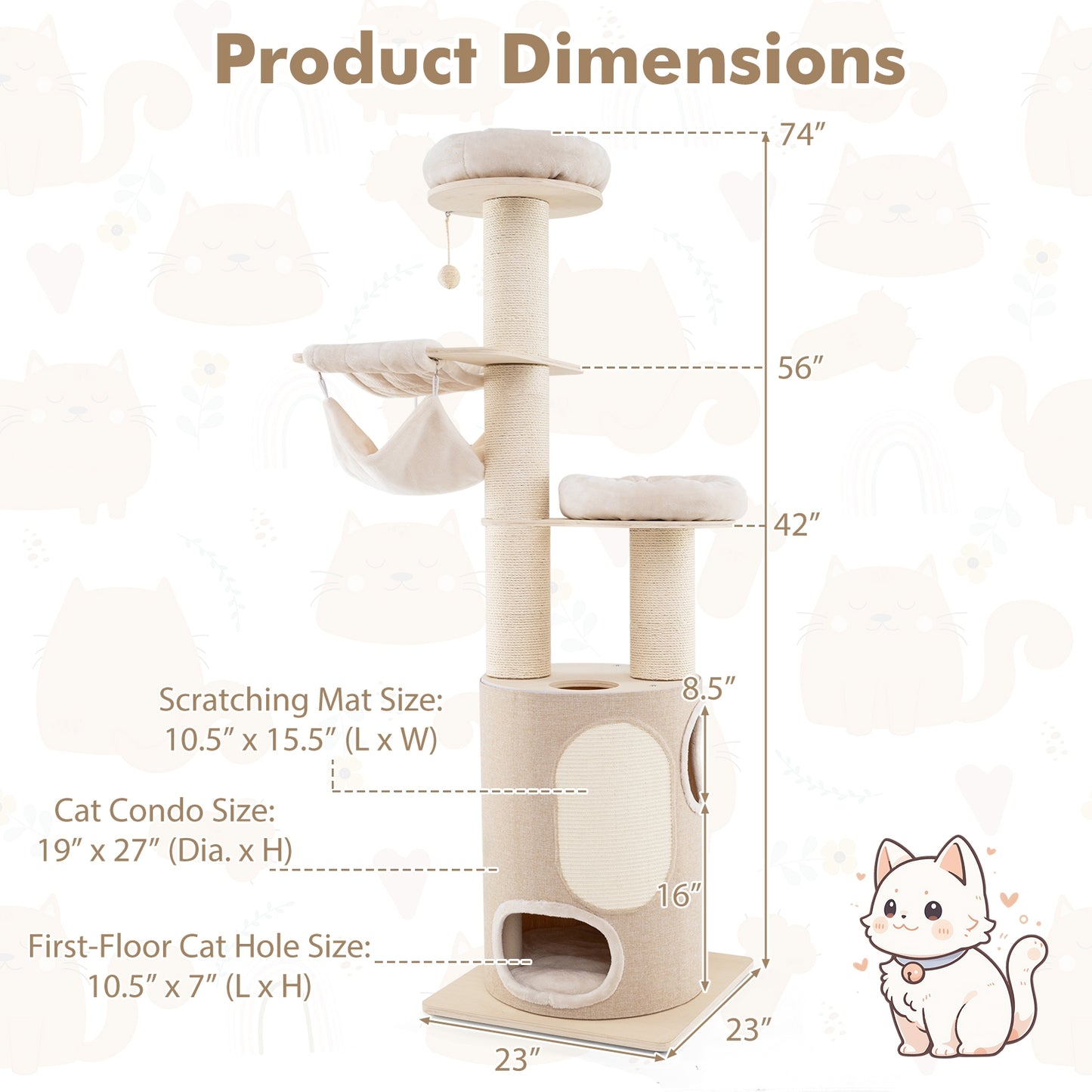 74 Inches Tall Wooden Cat Tower Tree with 2-Story Cat Condo and Washable Cushions, Natural Cat Trees Condos & Scratchers at Gallery Canada
