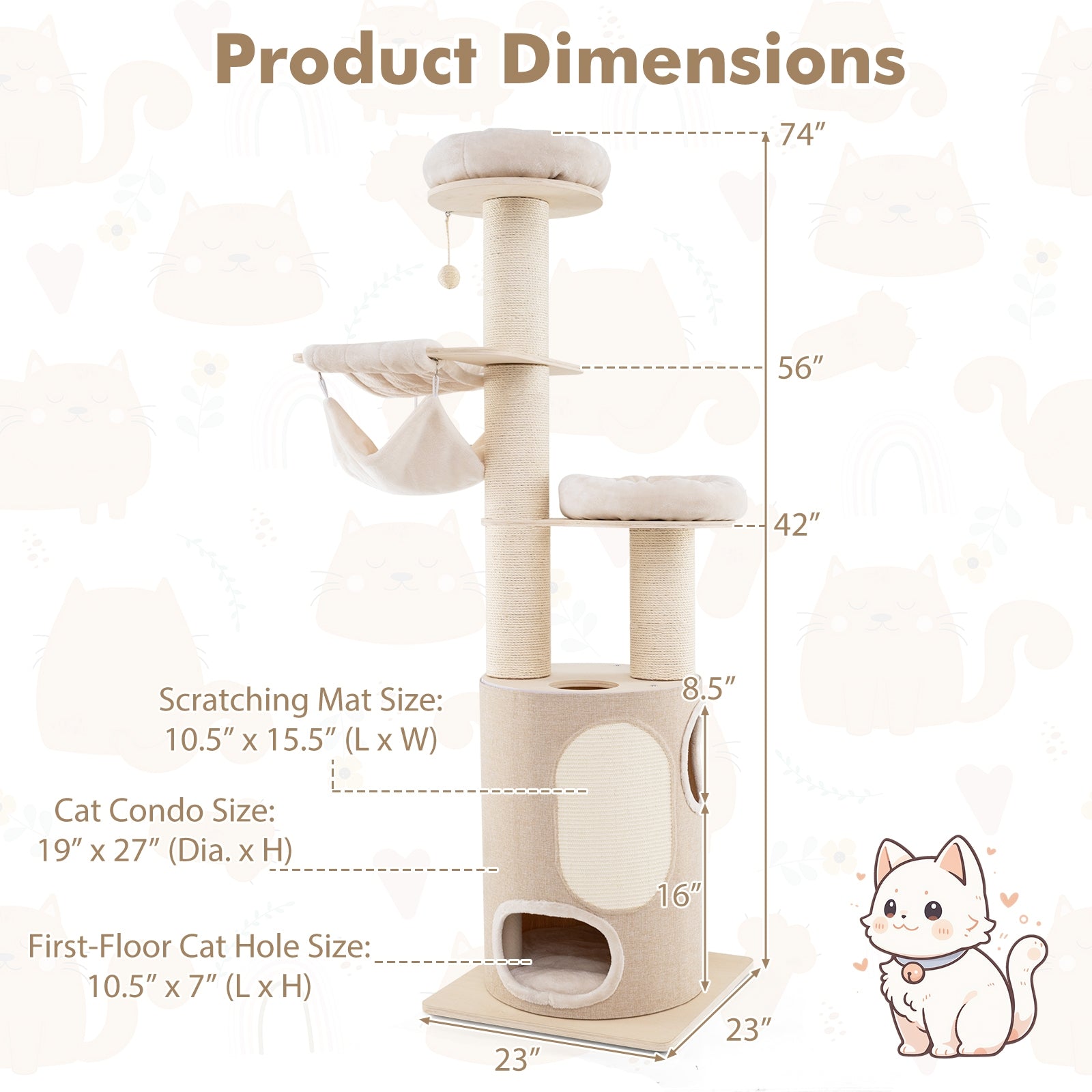 74 Inches Tall Wooden Cat Tower Tree with 2-Story Cat Condo and Washable Cushions, Natural Cat Trees Condos & Scratchers at Gallery Canada