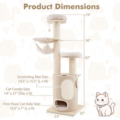 74 Inches Tall Wooden Cat Tower Tree with 2-Story Cat Condo and Washable Cushions, Natural Cat Trees Condos & Scratchers at Gallery Canada