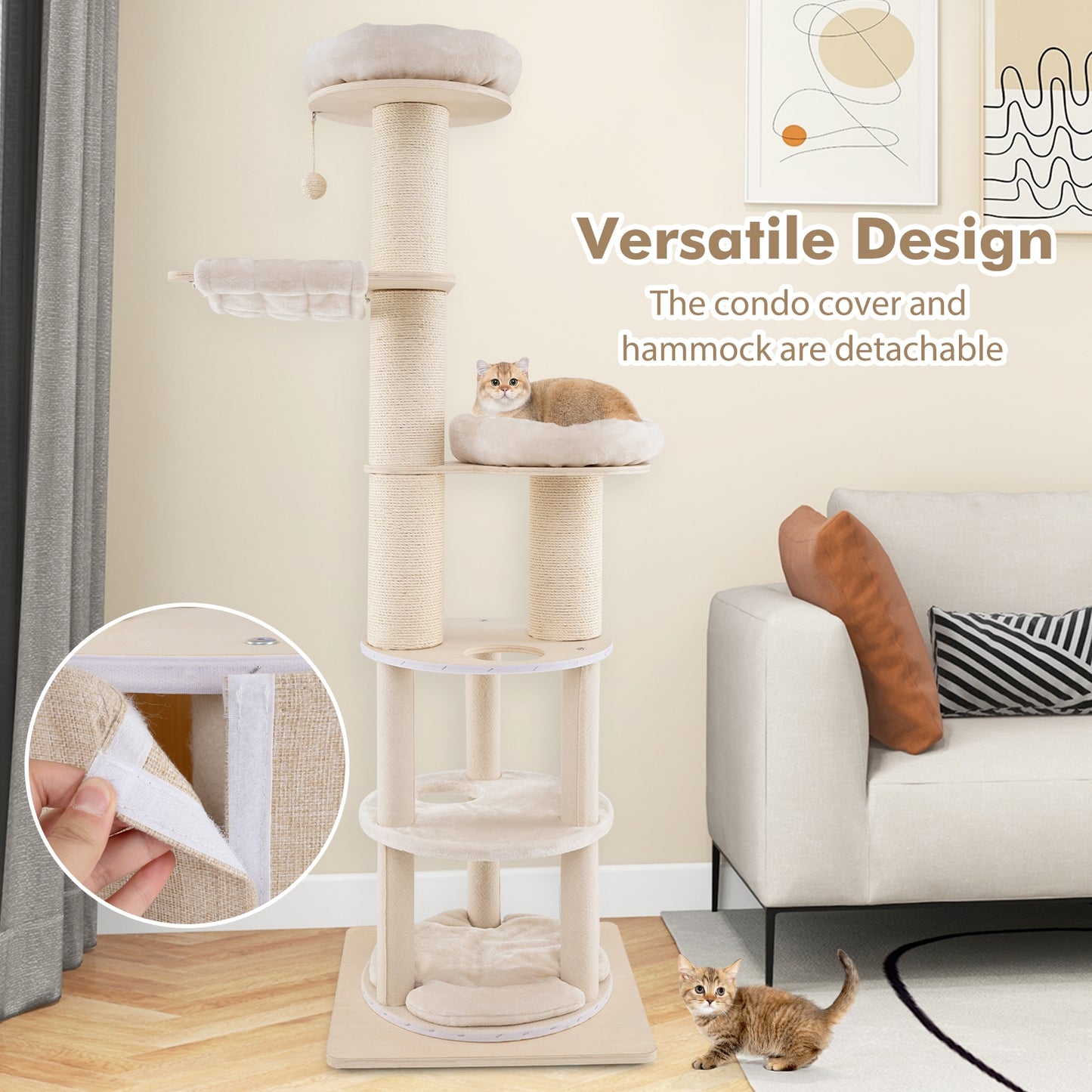 74 Inches Tall Wooden Cat Tower Tree with 2-Story Cat Condo and Washable Cushions, Natural Cat Trees Condos & Scratchers at Gallery Canada