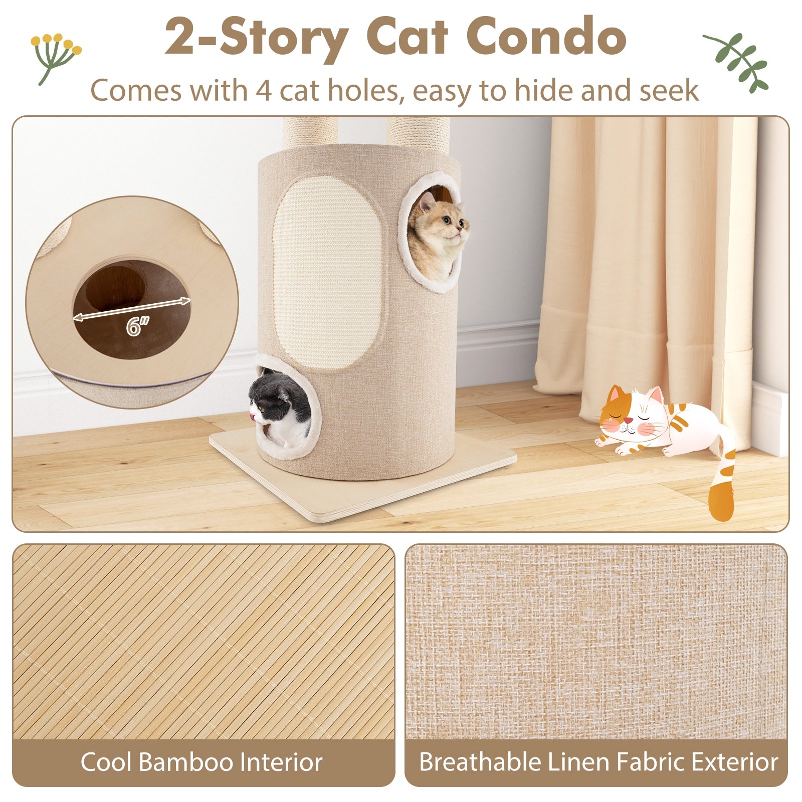 74 Inches Tall Wooden Cat Tower Tree with 2-Story Cat Condo and Washable Cushions, Natural Cat Trees Condos & Scratchers at Gallery Canada