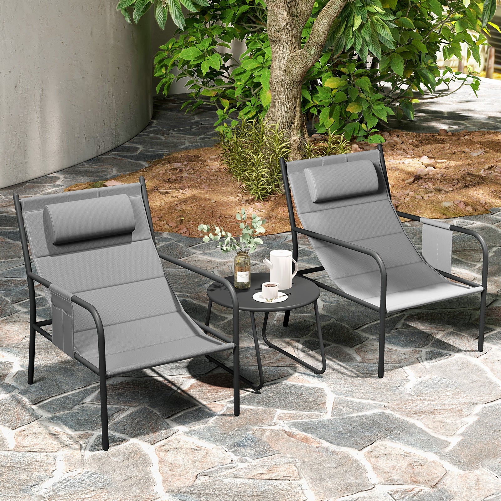 3 Piece Outdoor Bistro Set Patio Metal Chair and Coffee Table Set, Gray Patio Bar Furniture at Gallery Canada
