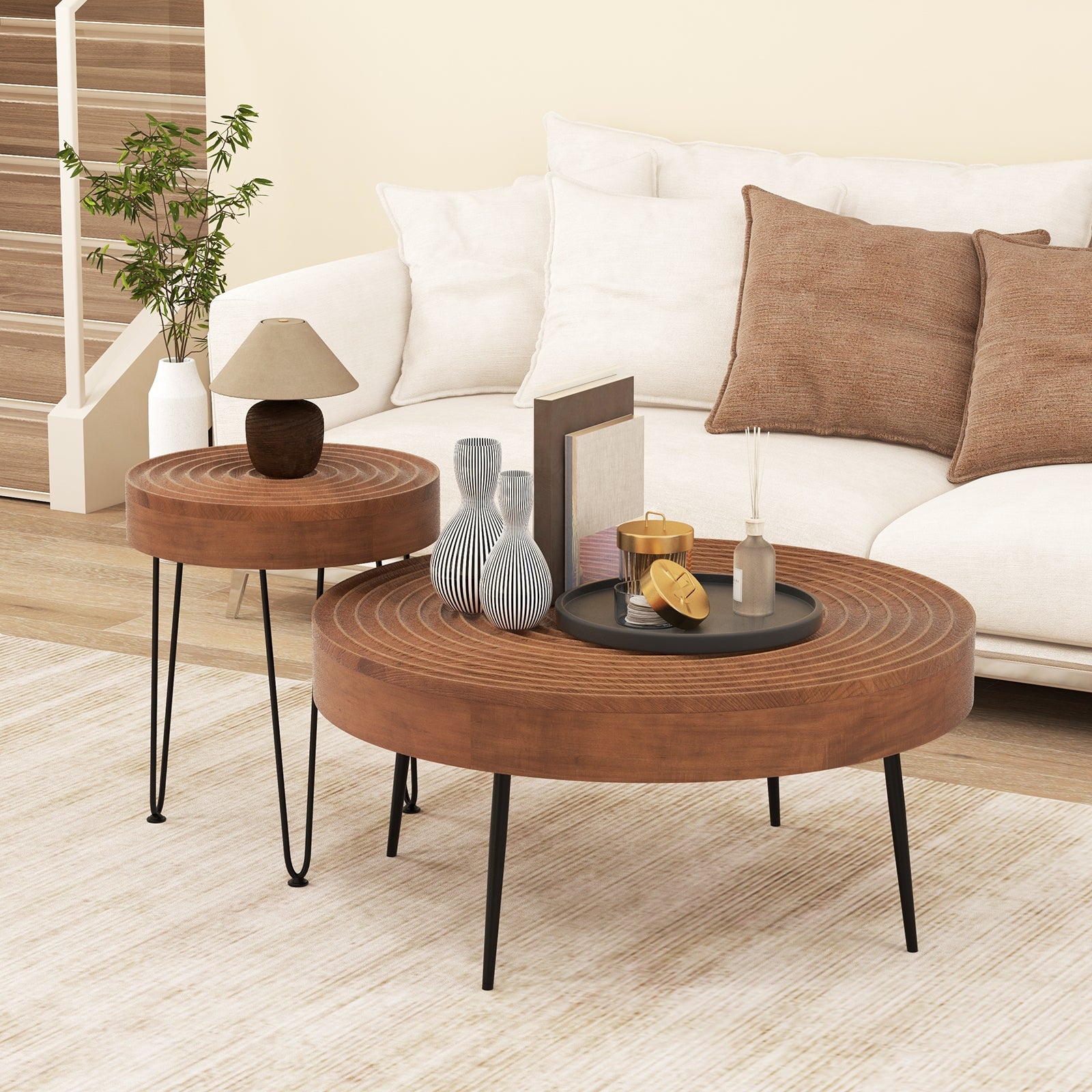 Set of 2 Solid Wood Ring Pattern Farmhouse Round Coffee Tables, Brown Coffee Tables at Gallery Canada