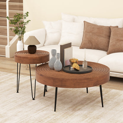 Set of 2 Solid Wood Ring Pattern Farmhouse Round Coffee Tables, Brown Coffee Tables at Gallery Canada