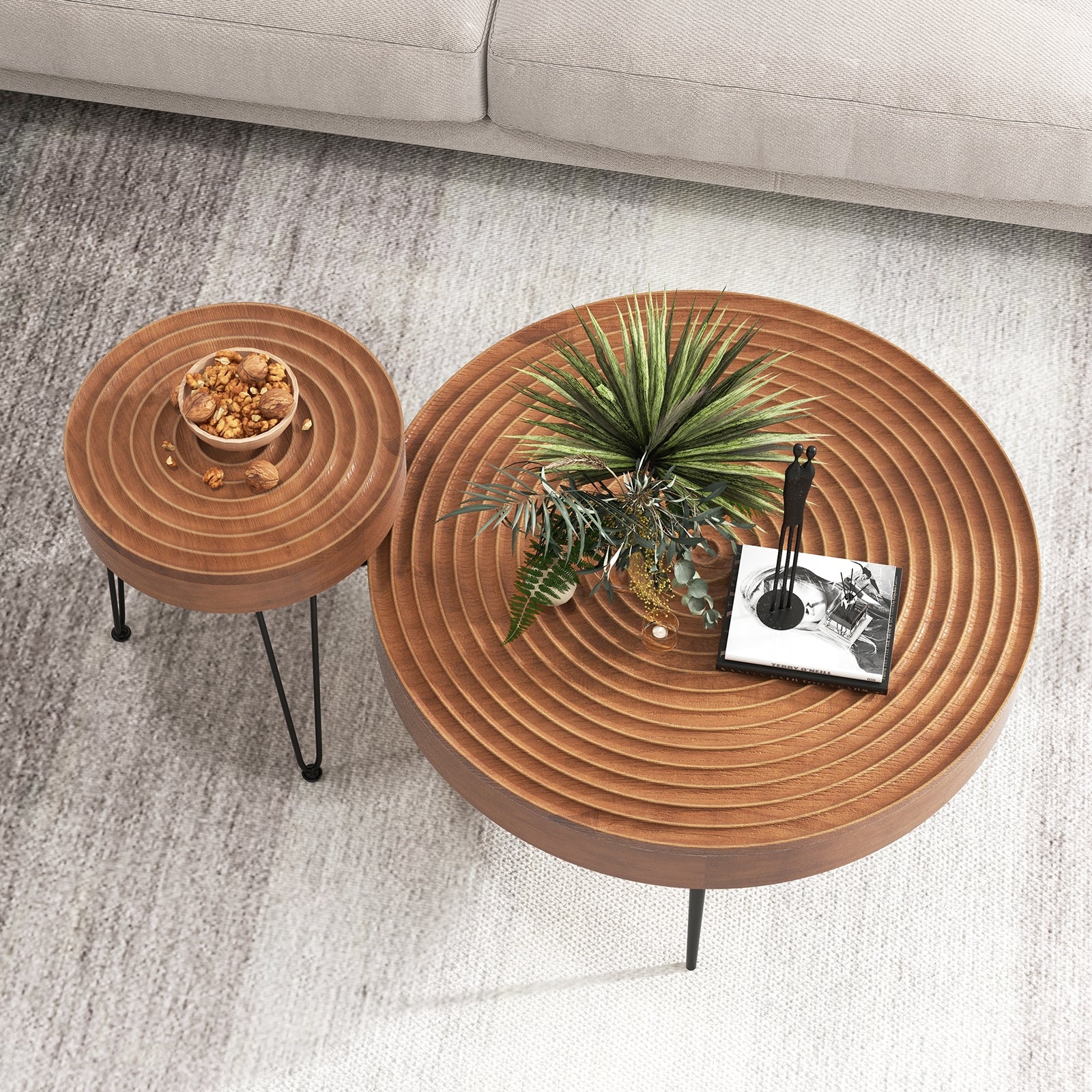 Set of 2 Solid Wood Ring Pattern Farmhouse Round Coffee Tables, Brown Coffee Tables at Gallery Canada