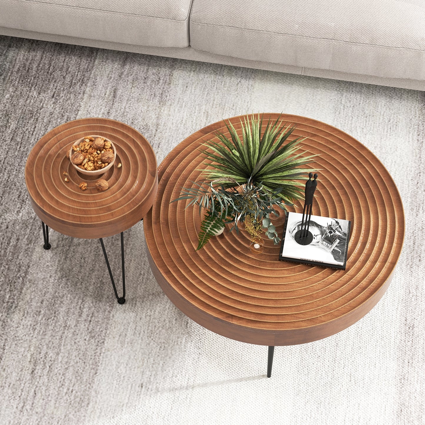 Set of 2 Solid Wood Ring Pattern Farmhouse Round Coffee Tables, Brown Coffee Tables at Gallery Canada