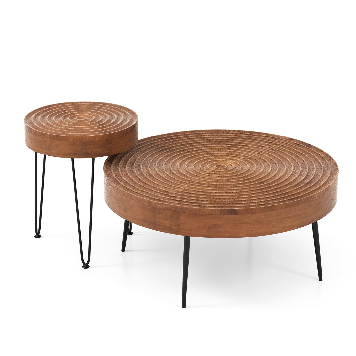 Set of 2 Solid Wood Ring Pattern Farmhouse Round Coffee Tables, Brown Coffee Tables at Gallery Canada